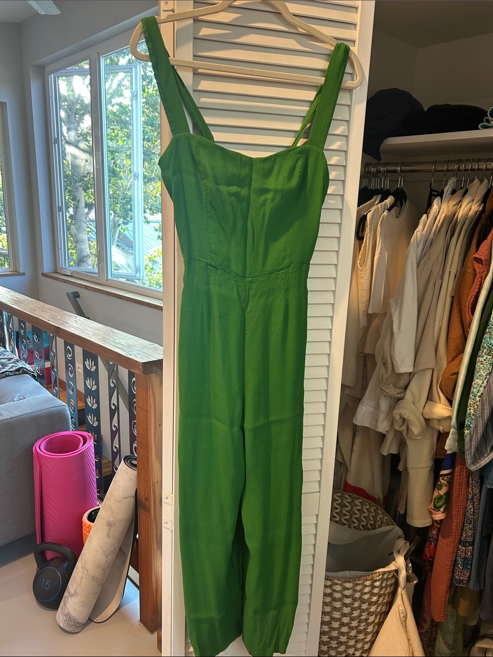 Reformation Emerald Green Sleeveless Wide-Strap Jumpsuit